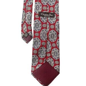 Christian Dior Necktie Medallion Geometric Silk Red Blue Vintage Retro 90s